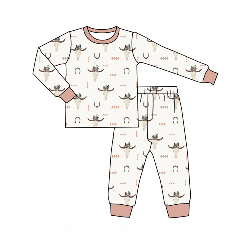 Preorder (moq 5)Baby Boys Flower Bull Skulls Shoes Top Pants Western Pajamas Set