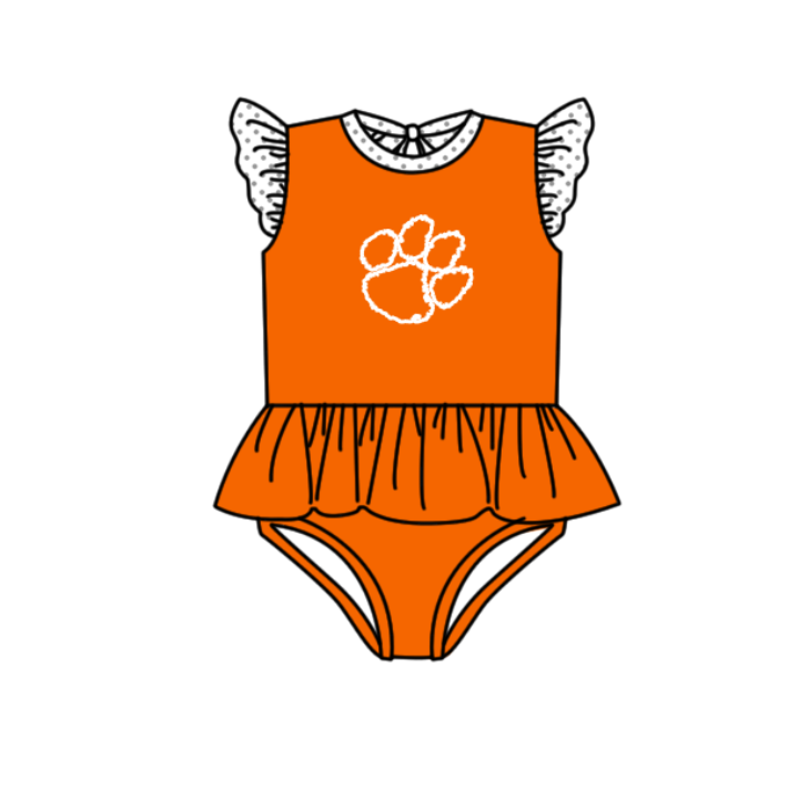 Preorder moq 5 Baby Girls Orange Flutter Sleeve Pawls Team Swimsuits