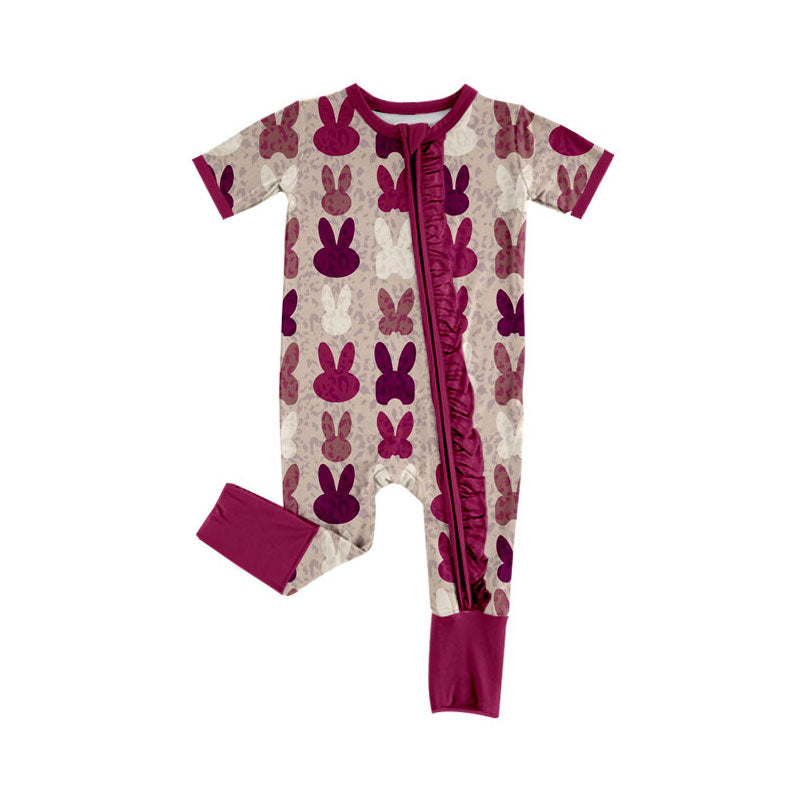 Preorder (moq 5)Baby Girls Hot Pink Rabbits Easter Ruffle Zipper Footie Rompers