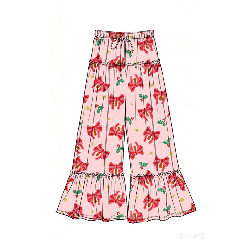 Preorder (moq 5)Baby Girls Green Red Bows Holly Christmas Bell Bottom Pants