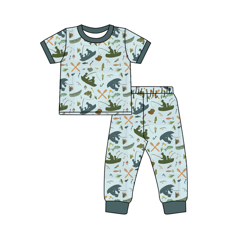 Preorder (moq 5)Baby Boys Short Sleeves Dark Green Fishing Top Pant Pajamas Set
