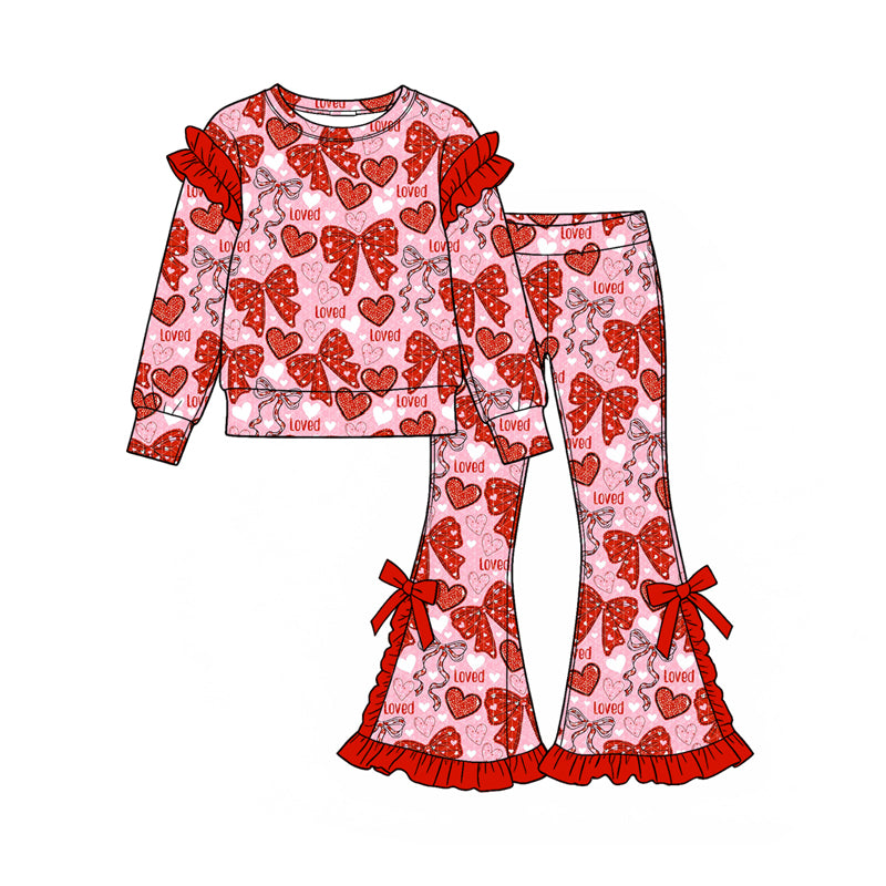Preorder (moq 5) Girls’ Fall Red Heart & Bow Ruffle Long-Sleeve Round-Neck Top with Flare Pants Set