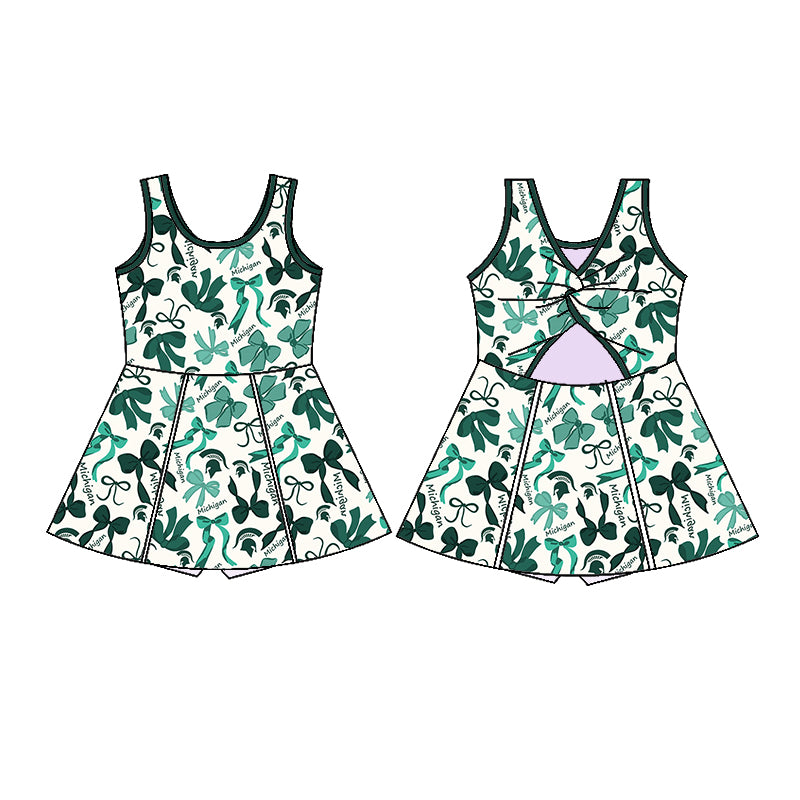 Preorder (moq 5)Baby Girls Green Sleeveless Bows Plaid Michigan Shorts Team Knee Length Dresses