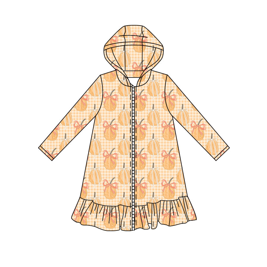 Preorder moq 5 Baby Girls Long Sleeve Bows Pumpkins Checked Fall Zip Ruffle Knee Length Dresses