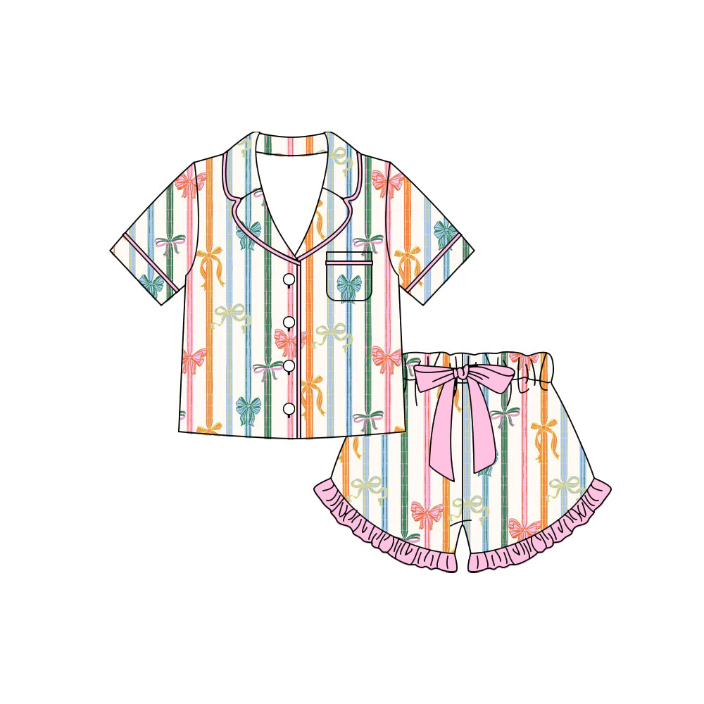 Preorder moq 5 Baby Girls Colorful Bows Stripe Button Pocket Top Ruffle Shorts Pajamas Sets