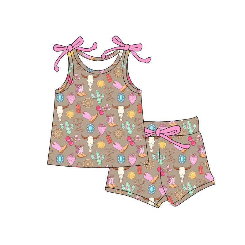 Preorder (moq 5)Baby Girls Boot Bull Skulls Vests Top Shorts Western Clothes Sets