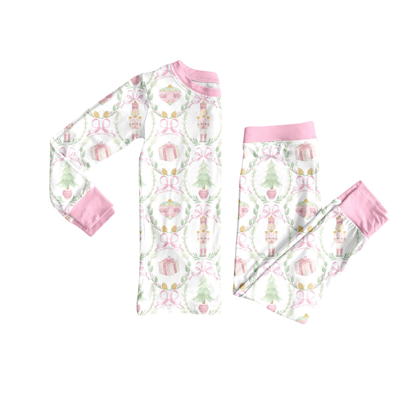Preorder (moq 5)Baby Girls Long Sleeves Pink Bows Gifts Plaid Top Pant Pajamas Sets
