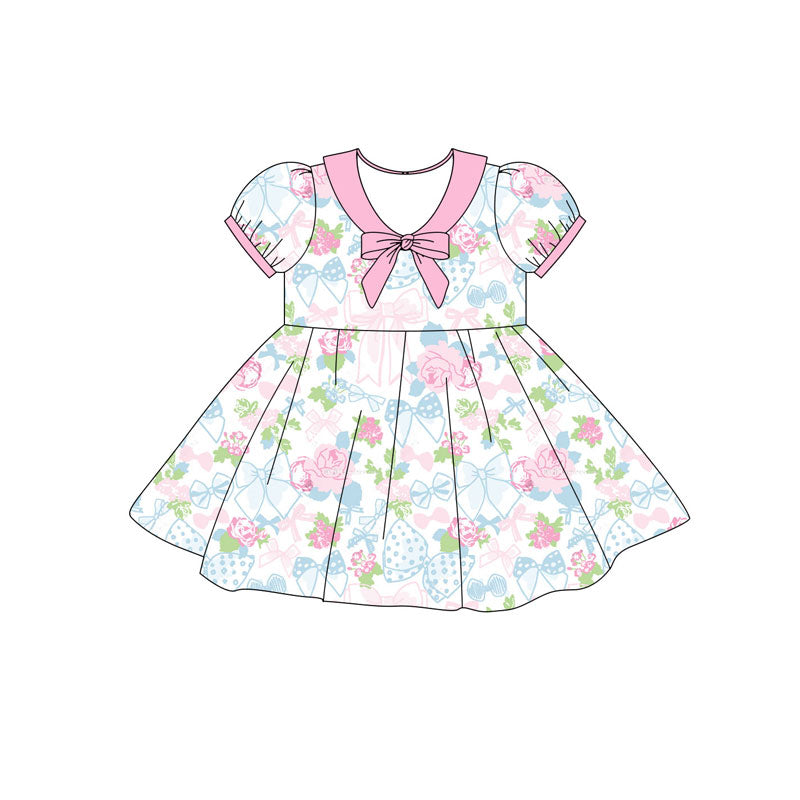 Preorder(moq 5) Baby Girls Short Ruffle Sleeve Bows Flowers Knee Length Dresses