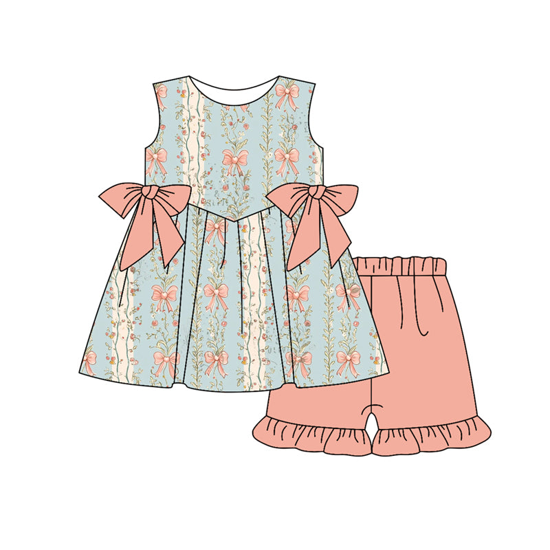 Preorder (moq 5)Baby Girls Green Pink Bows Flowers Tunic Shorts Outfits Sets