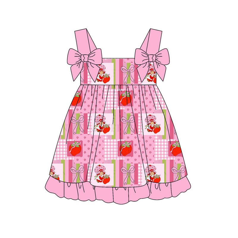 Preorder (moq 5)Baby Strawberry Girls Bows Checked Strap Ruffle Knee Length Dresses