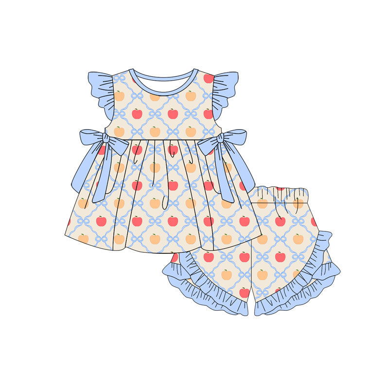Preorder (moq 5)Baby Girls Bows Apples Checked Tunic Ruffle Shorts Back to School Clothes Sets