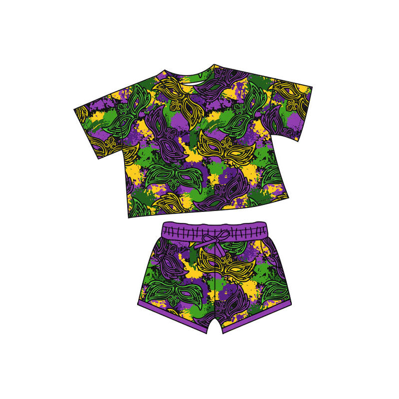 Preorder(moq 5) Baby Girls Mardigras Short Sleeve Camo Masks Top Pockets Shorts Clothes Sets
