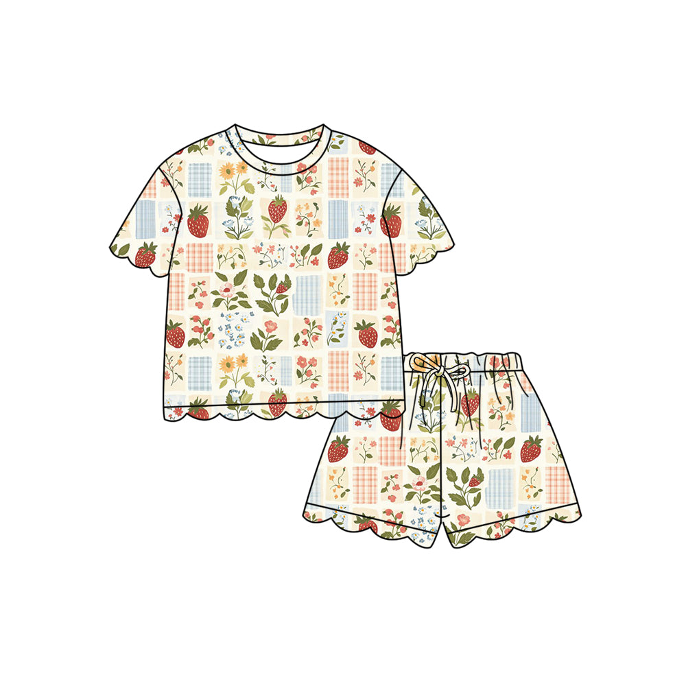 Preorder (moq 5)Baby Girls Flowers Strawberry Checked Top Scallop Shorts Clothes Sets