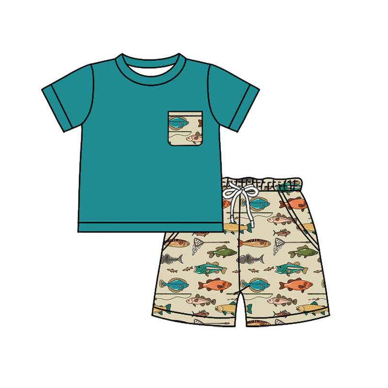 Preorder moq 5 Baby Boys Green Short Sleeves Pocket Top Fishing Shorts Set