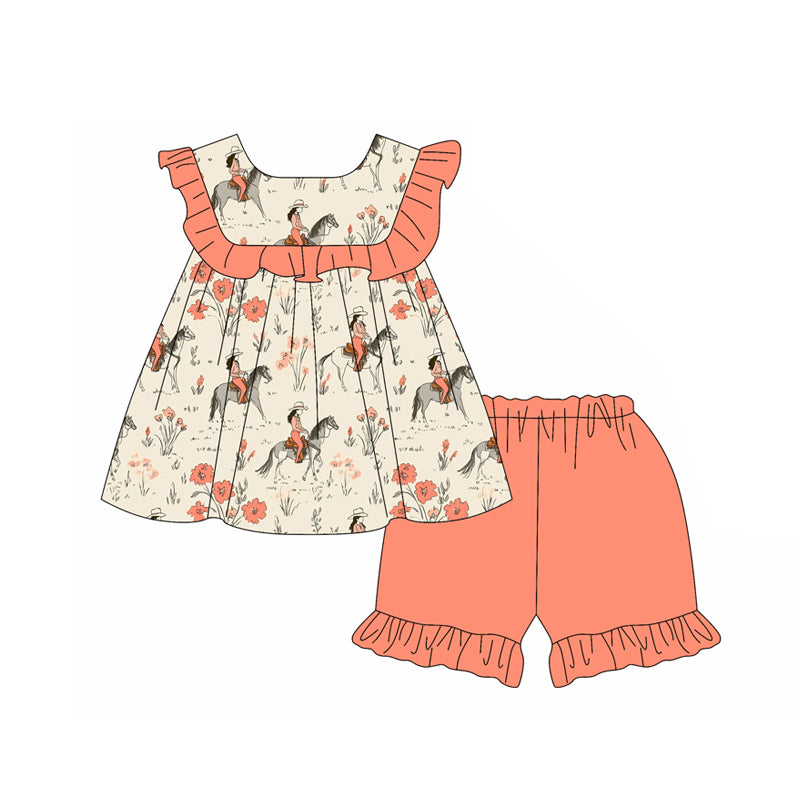 Preorder (moq 5)Baby Girls Peach Sleeveless Horse Rodeo Floral Tunic Ruffle Shorts Clothes Sets