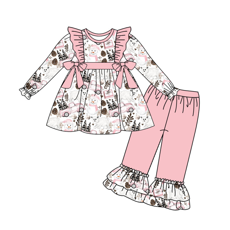 Preorder (moq 5)Baby Girls Long Ruffle Sleeves Pink Bows Trees Snowman Tunic Pants Set
