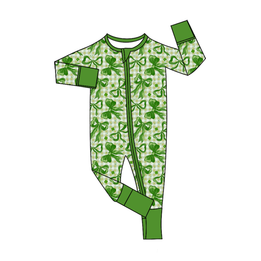 Pre-order(moq5) Baby Girls’ Army Green Round-Neck Zip-Up Long-Sleeve Bow Romper
