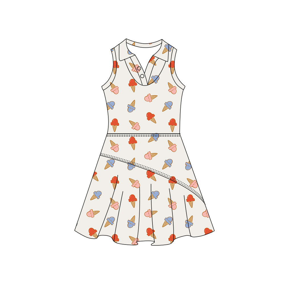 Preorder (moq 5)Baby Girls Colorful Ice Creams 4th of July Button Pleated Knee Length Dresses