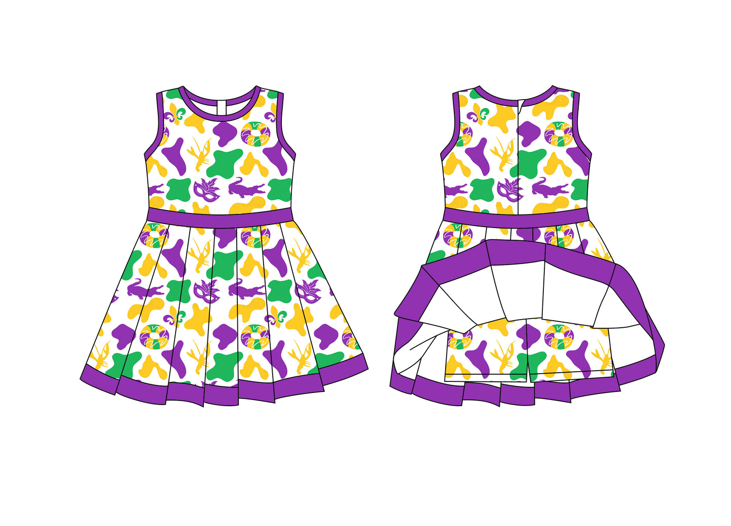 Preorder moq 8 Baby Girls Mardigras Camo Donuts Back Zip Shorts Ruffle Knee Length Dresses