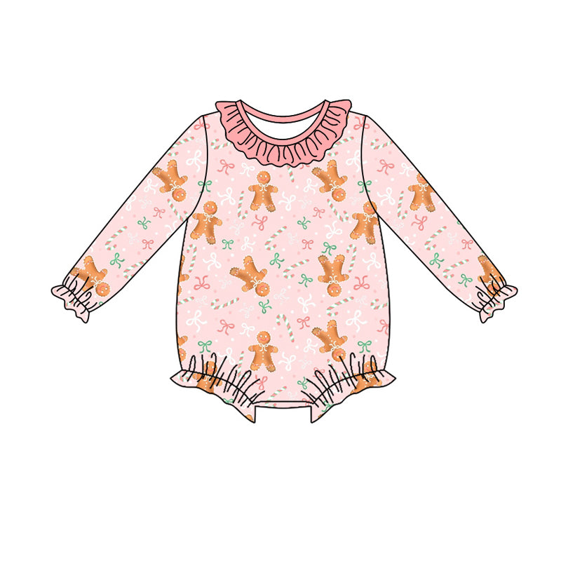 Preorder (moq 5)Baby Girls Long Sleeve Bows Gingerbread Christmas Ruffle Rompers
