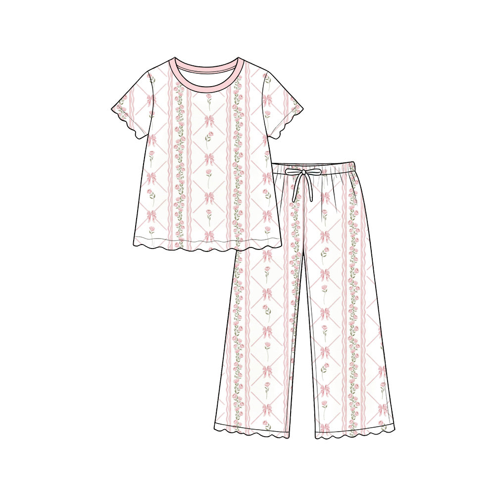 Preorder (moq 5) Baby Girl Clothes Pink Bow Rose Stripe Mixed Print Short Sleeve Scallop Pajama Pant Set