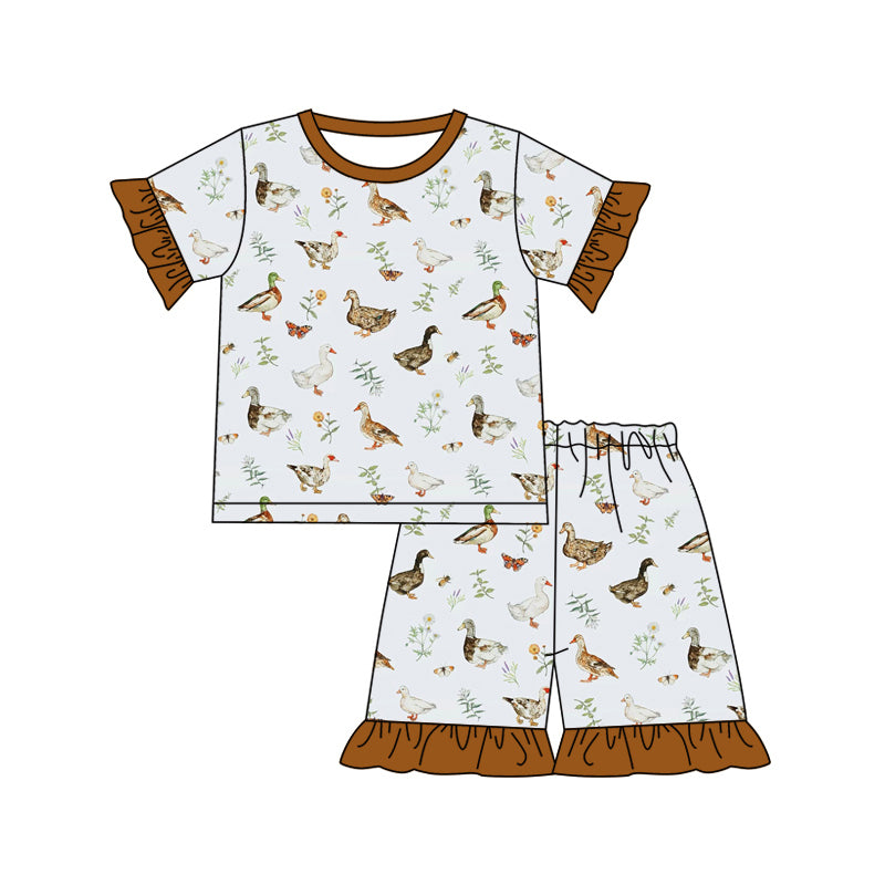 Preorder (moq 5)Baby Girls Brown Mallard Ducks Summer Shirt Top Shorts Pajamas Clothes Sets