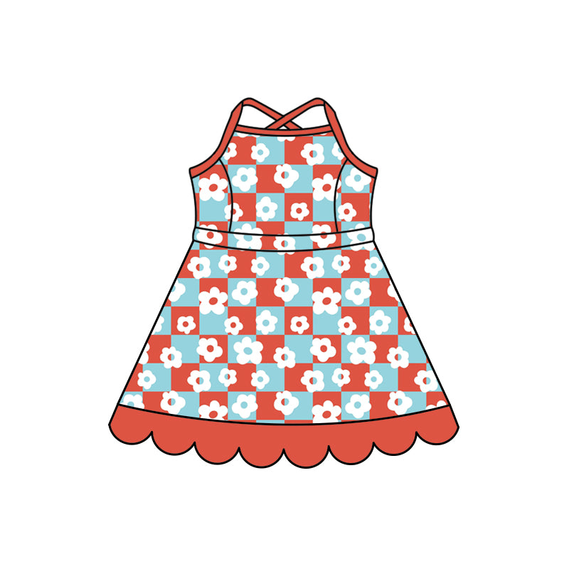 Preorder (moq 5)Baby Girls Strap Pink Checked Flowers Scallop Knee Length Dresses