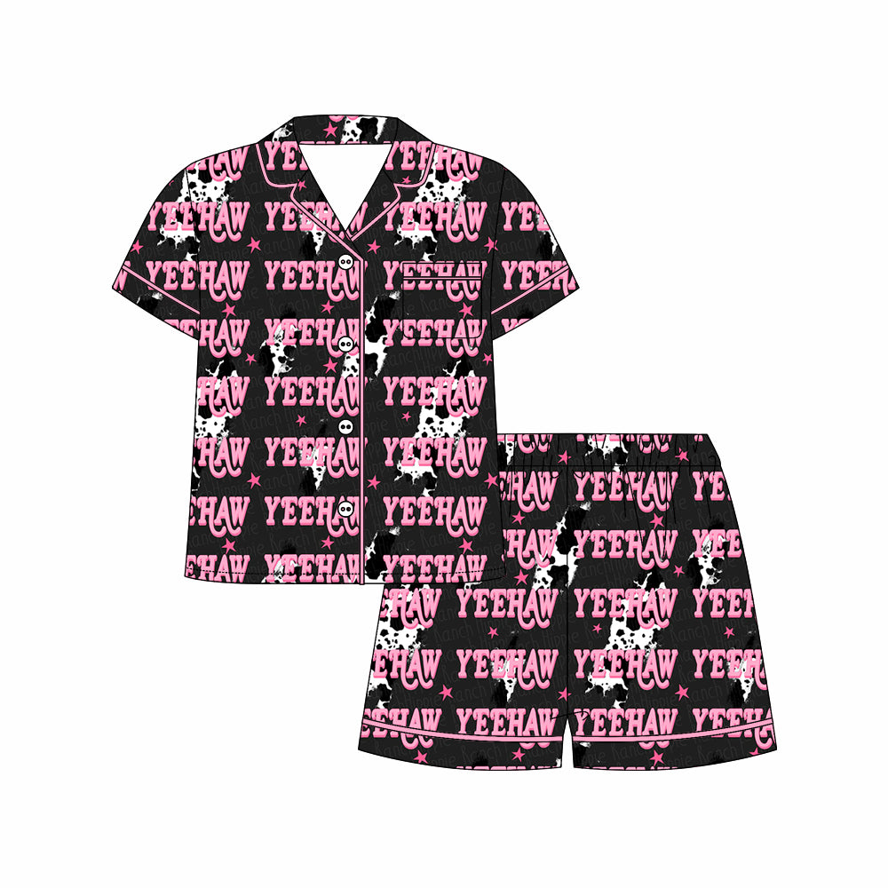 Preorder moq 5 Adult Short Sleeve Cow Print Lights Yeehaw Button Pockets Top Shorts Western Pajamas Sets