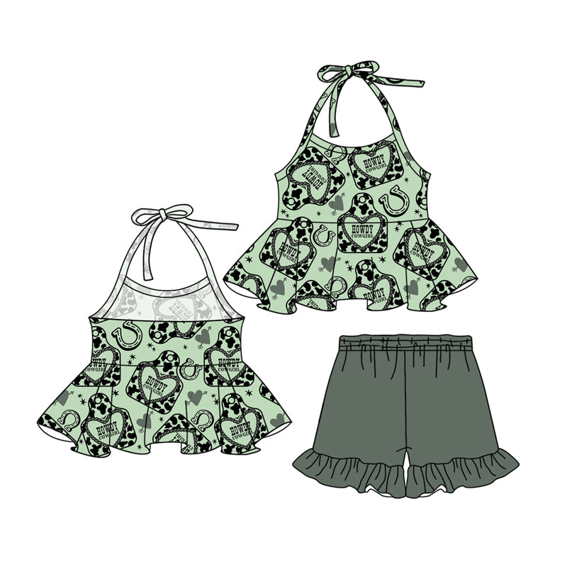 Preorder (moq 5)Baby Girls Green Strap Cow Print Horse Shoes Tunic Ruffle Shorts Clothes Sets