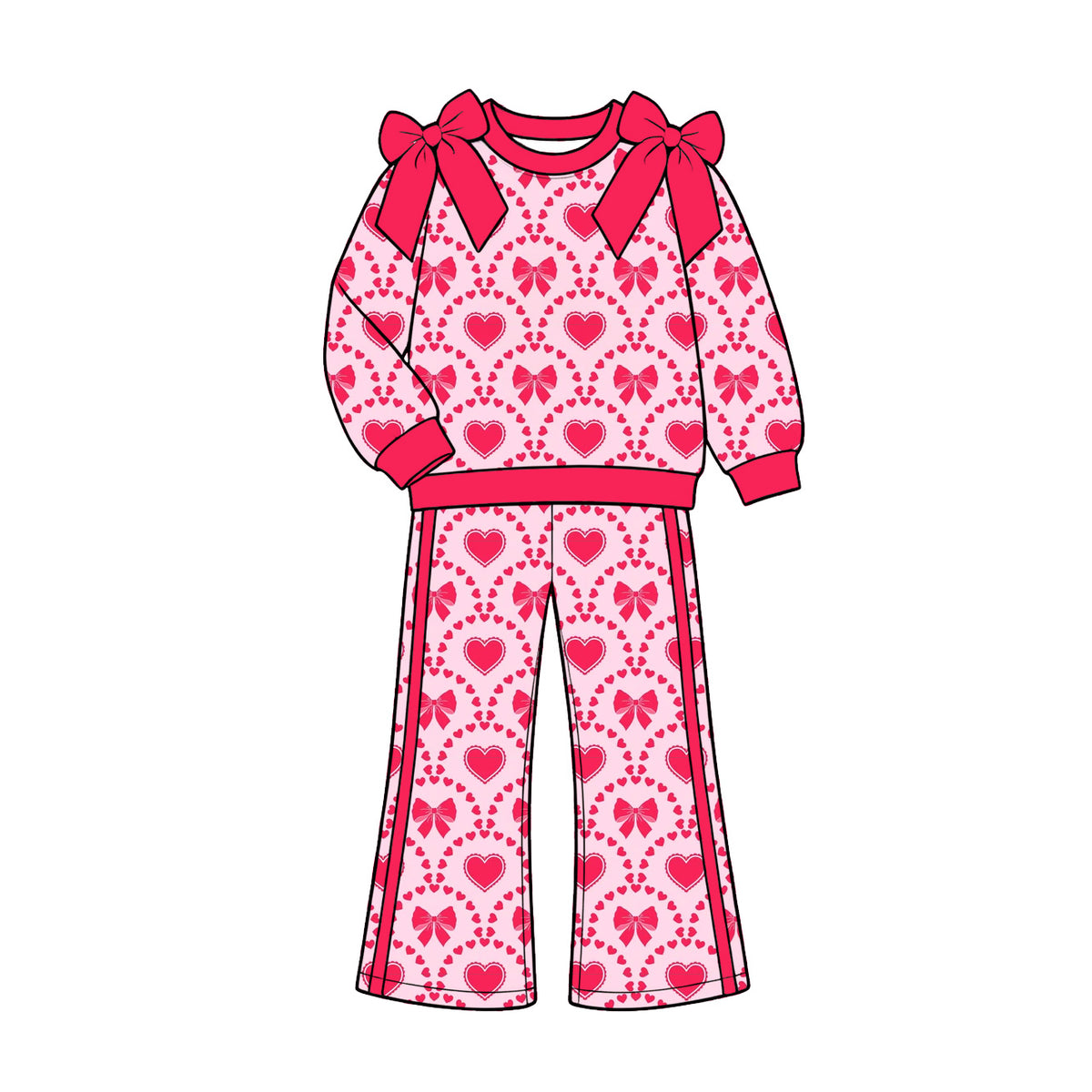 Preorder (moq 5) Girls’ Fall Valentine’s Day Pink Heart Bow Crewneck Long-Sleeve Sweatshirt & Wide-Leg Pants Set