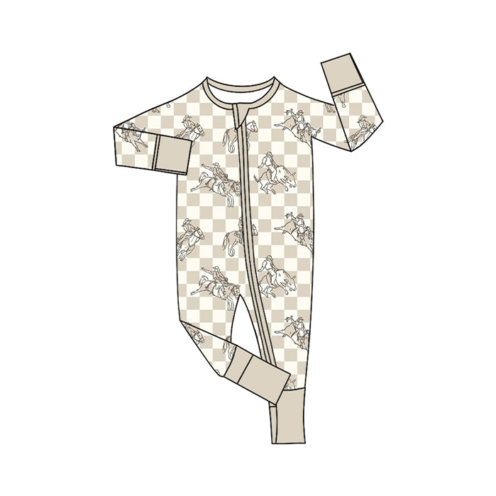 Preorder (moq 20)Baby Boys Bamboo Horse Rodeos Checked Western Two Way Zip Convertible Rompers