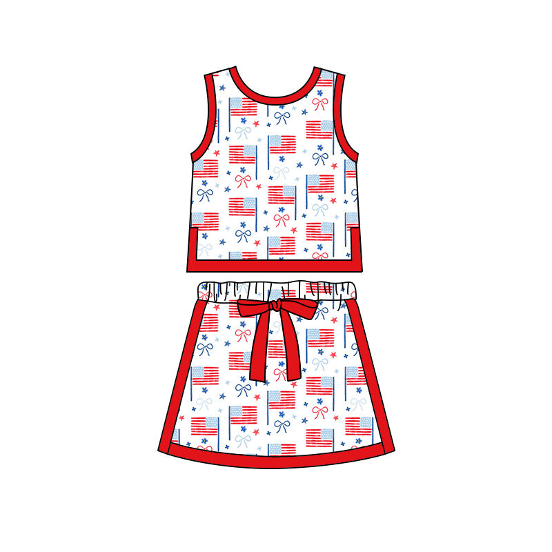 Preorder moq 5 Baby Girls Sleeveless Bows Flags Vests Skirt Shorts 4th of July Clothes Set