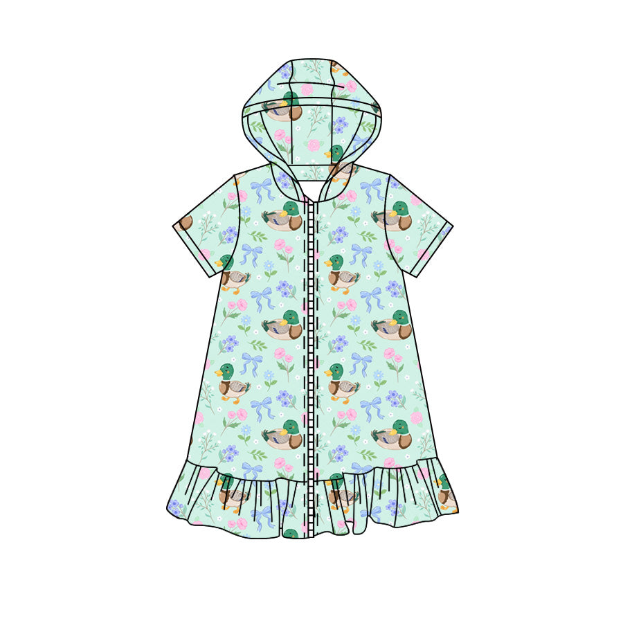 Preorder moq 5 Baby Girls Short Sleeve Flower Bows Ducks Fall Zip Ruffle Knee Length Dress