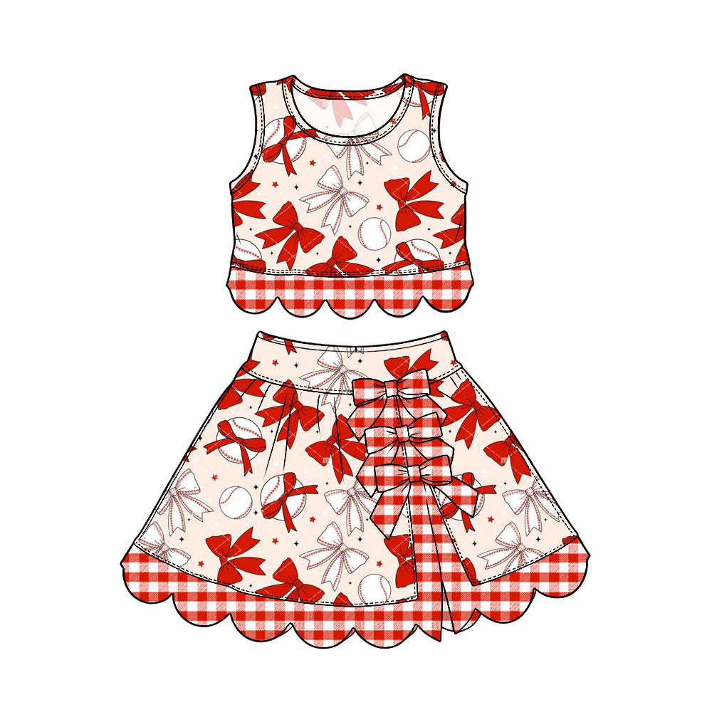 Preorder (moq 5) Baby Girl Clothes Baseball Red Bow Allover Print Sleeveless Crop Top Skirt Set