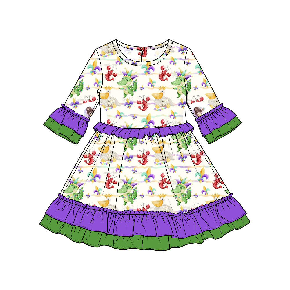 Preorder moq5 Girls’ Carnival Ruffle Long-Sleeve Dress, Cute Dinosaur & Crawfish Print Holiday Party Dress