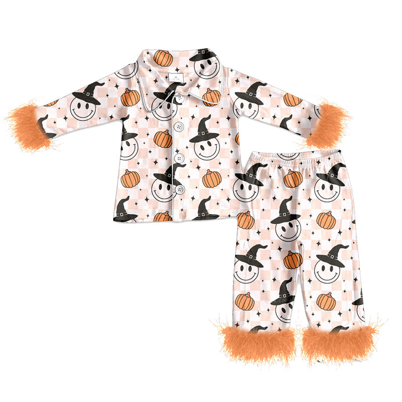 preorder(MOQ 5)Baby Girls Halloween Smile Pumpkins Fur Top Pants Pajamas