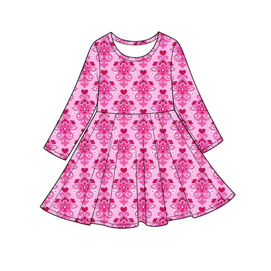 Preorder (moq 5) Baby Girl Clothes Pink Damask Heart Mixed Print Long Sleeve Twirl Dress