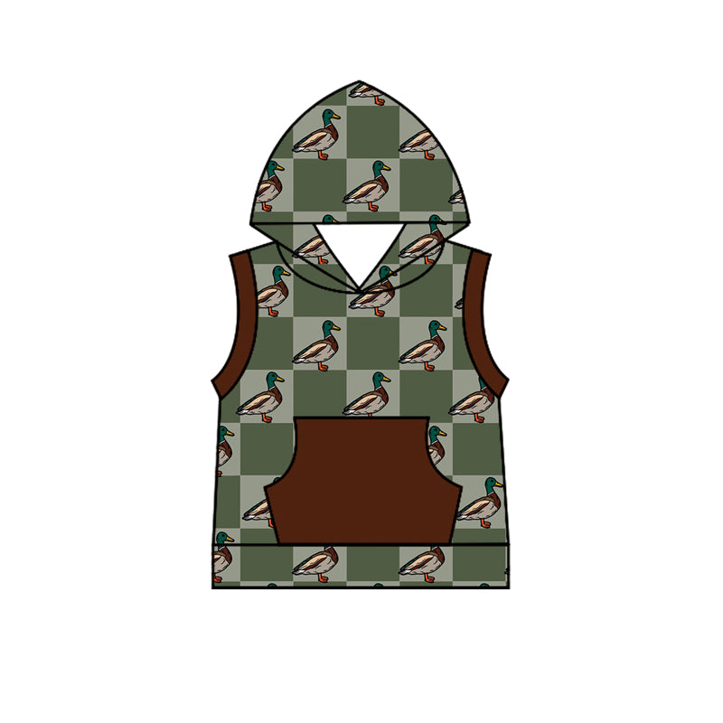 Preorder (moq 5)Baby Boys Green Checkered Ducks Hooded Pocket Tops
