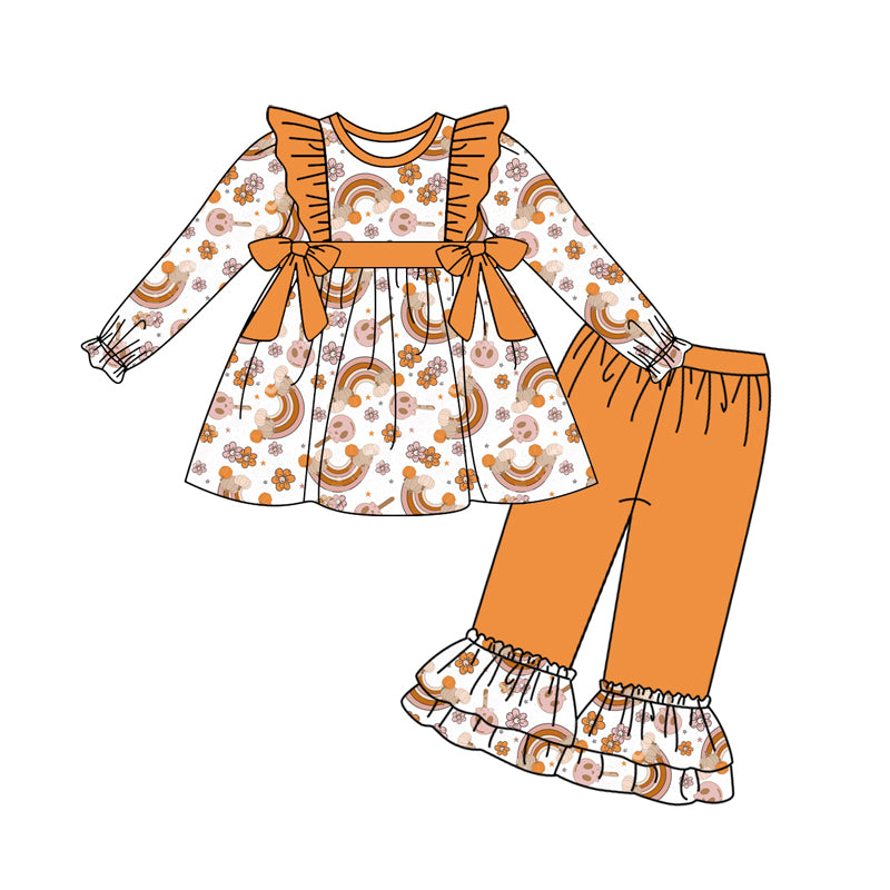 Preorder (moq 5)Baby Girls Long Ruffle Sleeves Flowers Rainbows Bows Tunic Pant Set