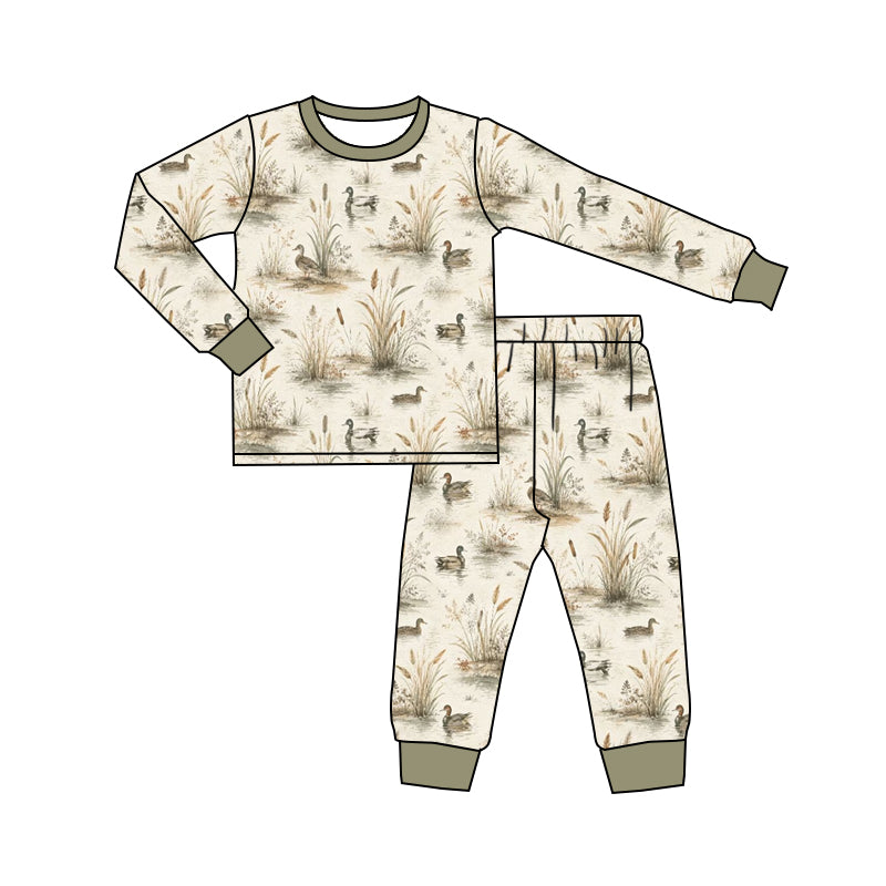 Preorder (moq 5) Baby Boy Clothes Vintage Reeds Mallard Duck Allover Print Long Sleeve Jogger Pajama Set