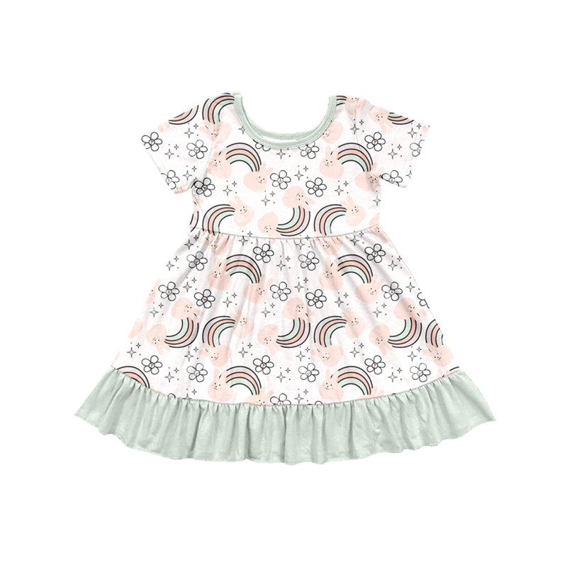 Preorder (moq 5)Baby Girls Rabbits Rainbows Flowers Easter Ruffle Knee Length Dresses