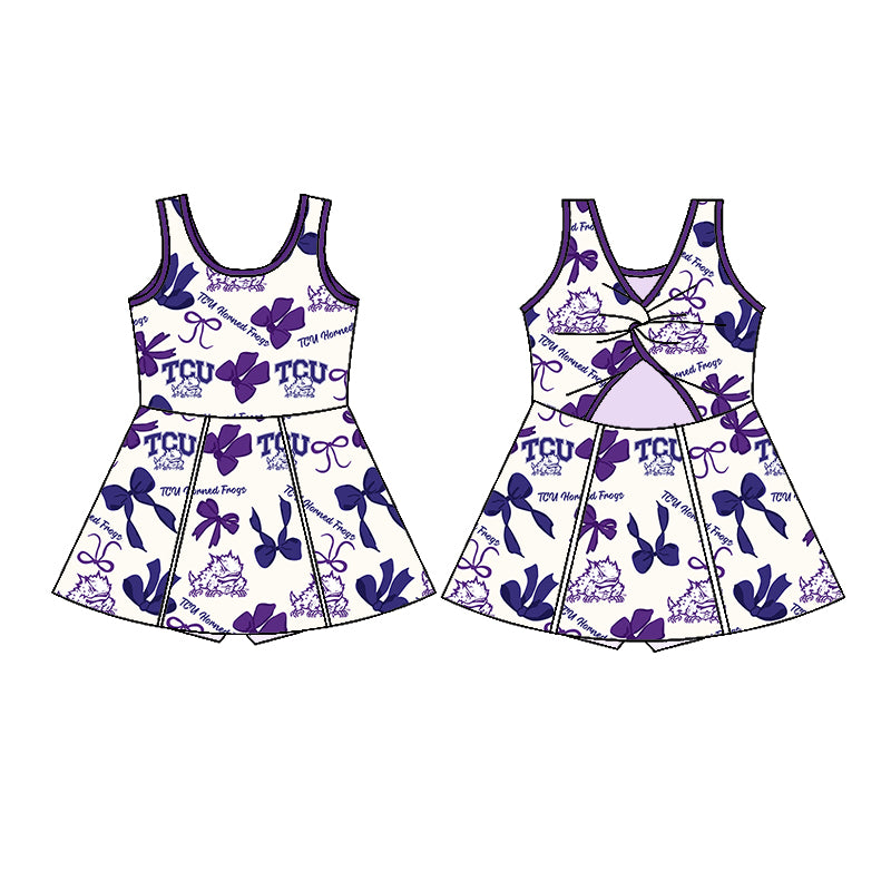 Preorder (moq 5)Baby Girls Purple Sleeveless TCU Bows Plaid Skorts Team Knee Length Dresses