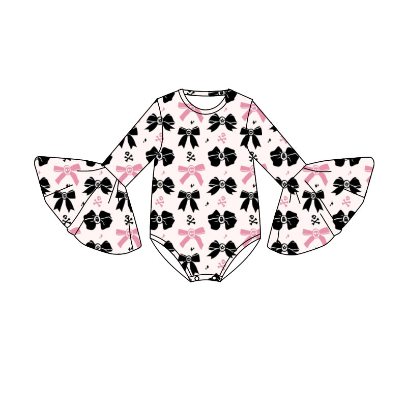Preorder (moq 5)Baby Girls Bell Sleeve Bows Ghosts Halloween Ruffle Rompers