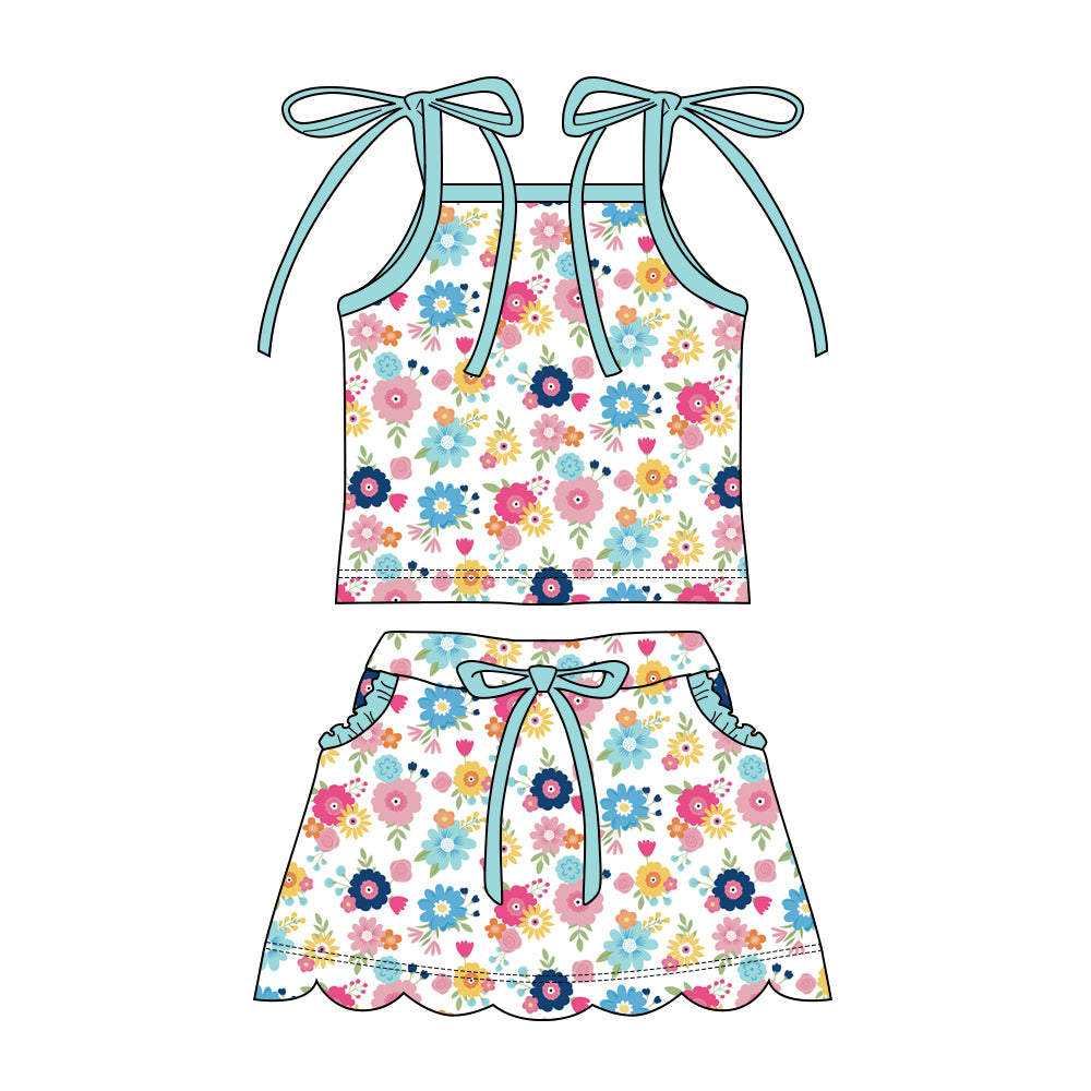 Preorder moq 5 Baby Girls Strap Colorful Flowers Top Pockets Scallop Skirt Short Clothes Sets