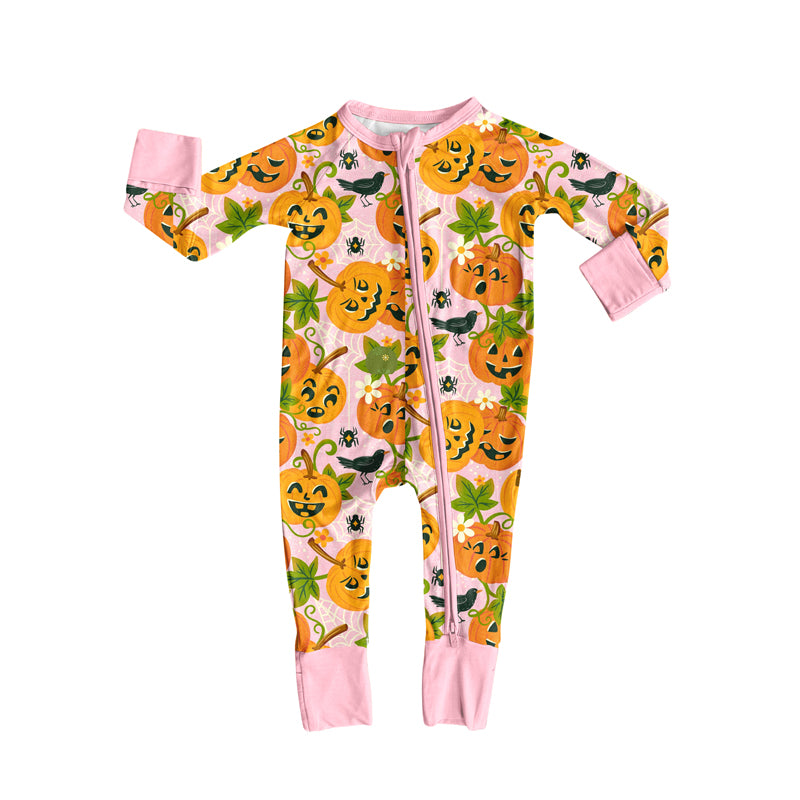 Preorder (moq 5)Baby Girls Long Sleeves Pink Floral Ghost Pumpkins Plaid Zipper Romper