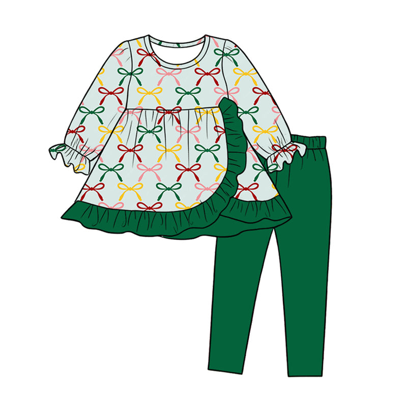 Preorder (moq 5)Baby Girls Colorful Bows Plaid Tunic Leggings Pant Clothes Set
