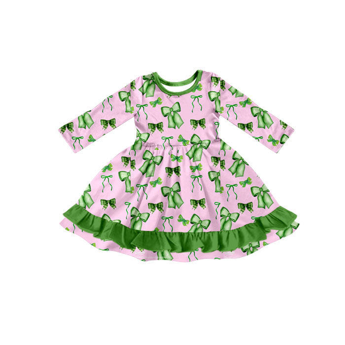 Preorder(moq 8)Baby Girls Green Bows Plaid St Patrick Ruffle Knee Length Dresses