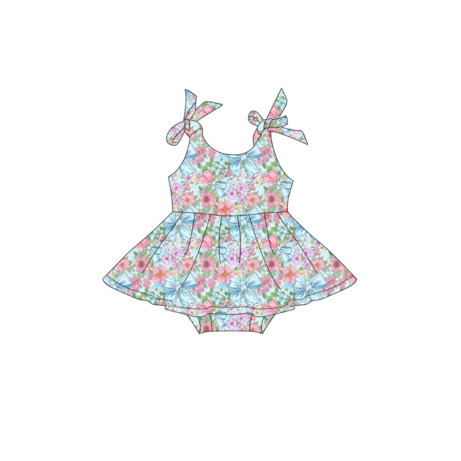 Preorder (moq 5)Baby Girls Strap Colorful Bows Flowers Tunic Ruffle Rompers
