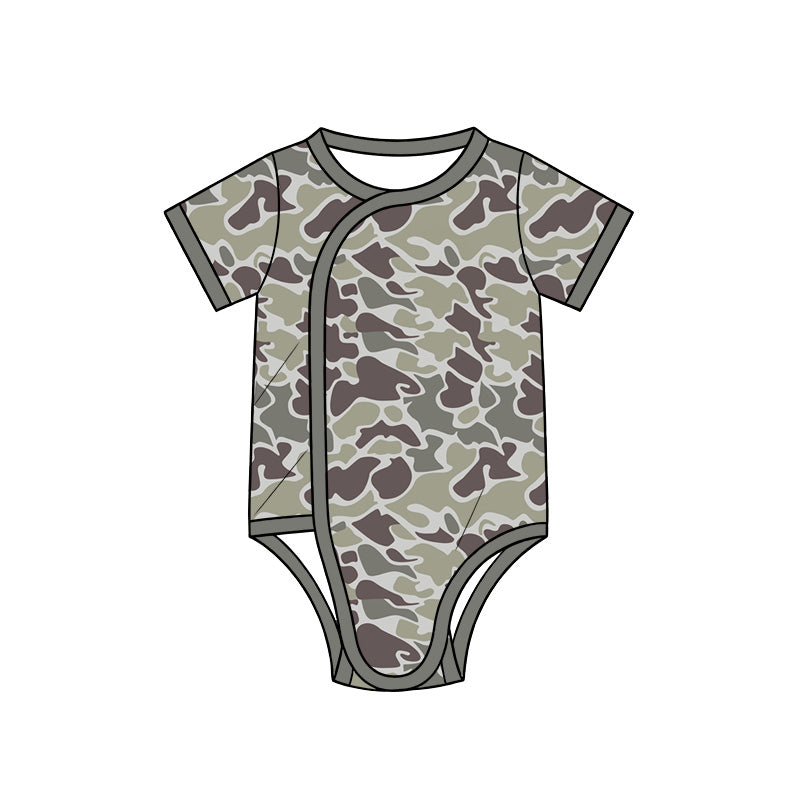 Preorder (moq 5) Baby Boy Clothes Olive Brown Classic Camo Print Short Sleeve Side Snap Romper