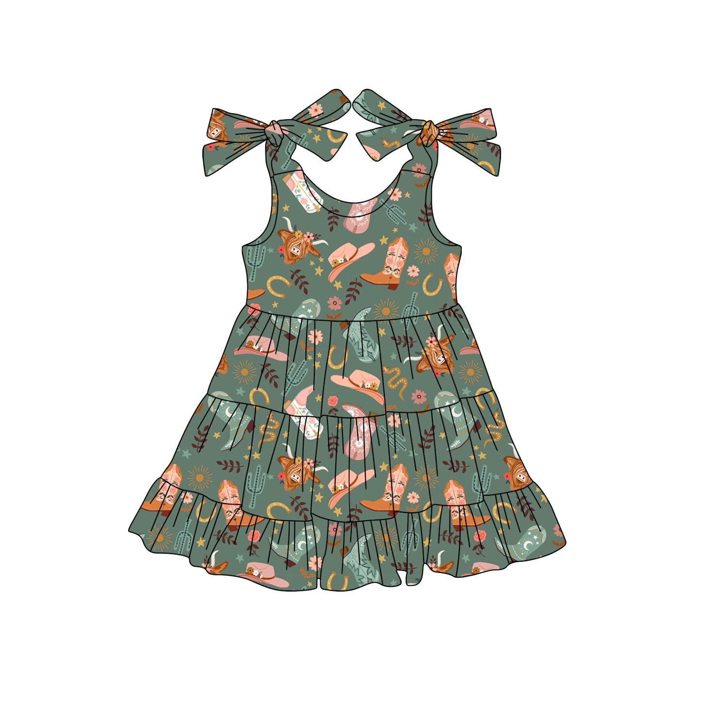 Preorder (moq 5)Baby Girls Green Bows Strap Boots Highland Cows Knee Length Dress